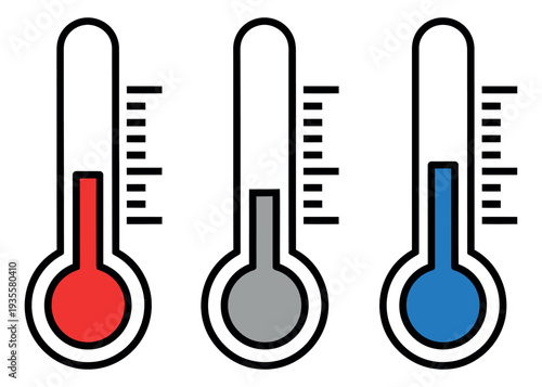 Line art thermometer icon set featuring red, grey, and blue liquid levels for temperature measurement