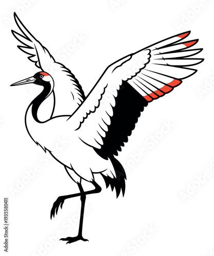 Line art illustration of a red crowned crane depicting a graceful pose with spread wings for oriental design