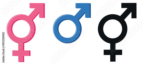 Graphic gender symbols set featuring male and female signs in pink, blue, and black for identity and demographic representation