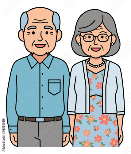Color line art illustration of an elderly couple depicting a friendly and happy expression for family and retirement concepts