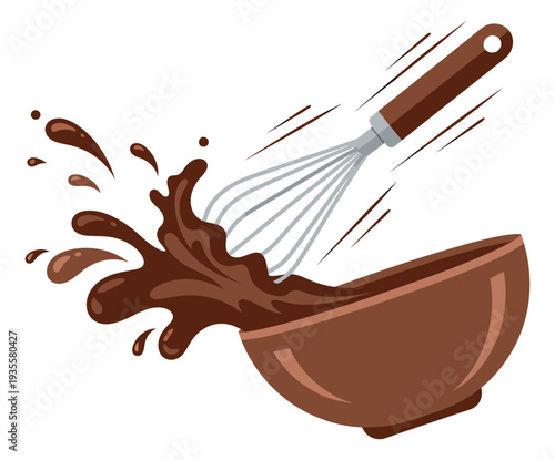 Modern illustration of a whisk mixing a liquid in a bowl depicting a dynamic splash for baking and cooking themes