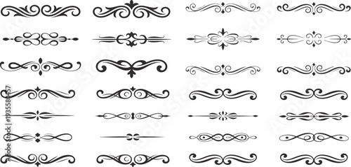 Collection of ornate swirling graphic design elements and dividers  various shapes and patterns