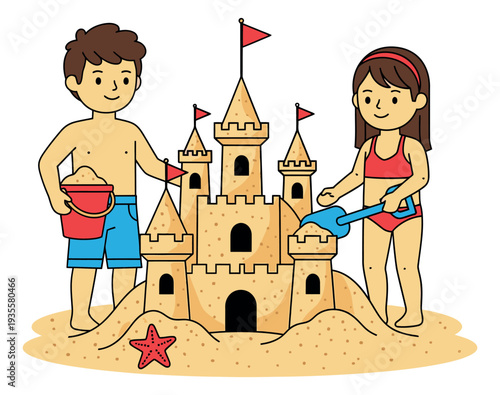 Hand drawn illustration of a boy and girl building a sandcastle depicting summer playtime for a beach vacation