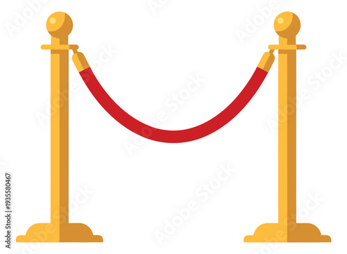 Modern flat design velvet rope barrier set featuring golden stanchions and a red velvet rope for event management