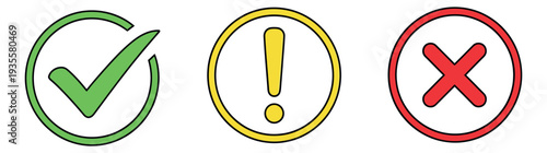 Hand drawn status icons set featuring a green checkmark, a yellow exclamation mark, and a red cross sign for user interface design and feedback