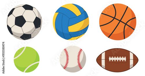 Flat design sports balls set featuring soccer, volleyball, basketball, tennis, baseball, and american football for athletic games and recreation