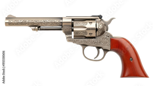 Quadro su tela Isolated Single-Action Revolver with Engraved Decorations, Brown Wood Handle, Fi