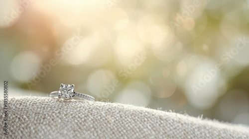 Elegant diamond ring on soft fabric with dreamy bokeh background