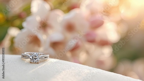 Elegant diamond engagement ring with floral background softly lit