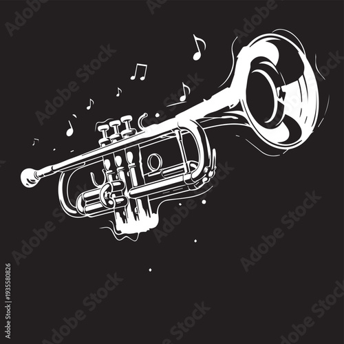 Trumpet with headphones: playful music scene featuring brass instrument and notes.