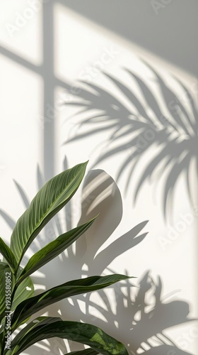Natural Shadows of Green Leaves on White Wall Background