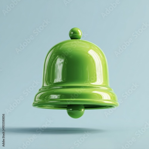 Shiny green bell floating against soft blue background