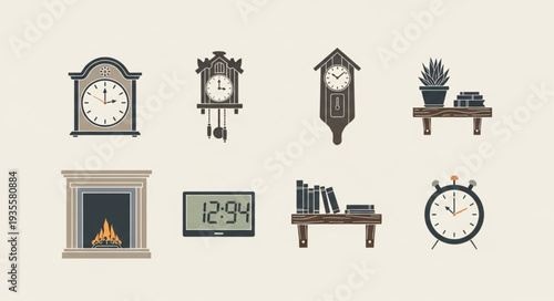 Collection of antique and modern clocks and home decor items.