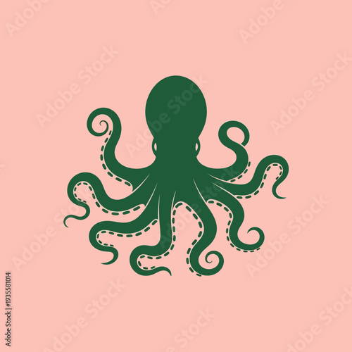Green Octopus Silhouette on a Pink Background, Minimalist Sea Creature Illustration
