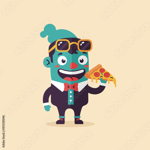 Happy Cartoon Character in Suit Holding Pizza Slice, Fun Food Concept