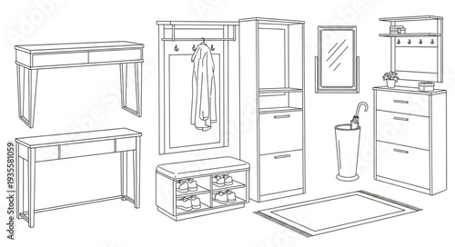 Collection of hand-drawn furniture and home decor items.