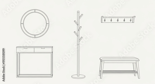 Collection of simple line art furniture and decorative elements.