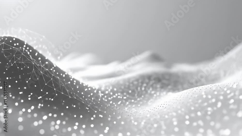 Abstract, grey hills with interconnected node network and bokeh lights at base