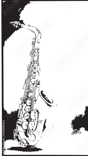 Dramatic black and white illustration of a lone saxophone on a stark background.