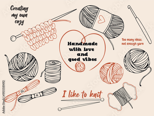 Knitting clipart set with yarn, needles and thread. Handmade craft illustration in black and orange line style isolated for print, card, textile and decor design