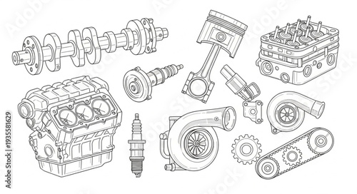 Collection of detailed engine parts and mechanical components.