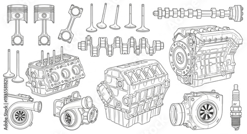 Detailed illustration of various automotive engine components and assemblies.