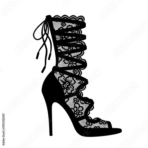 Elegant Black Lace High Heel Sandal Isolated on White Background.