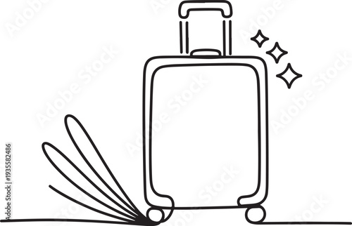 Travel suitcase line icon with leaves and sparkles outline design