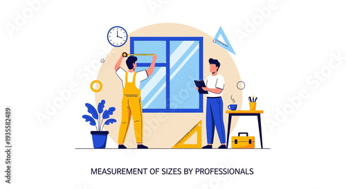 Two professionals measuring sizes with tools and a laptop in a workspace