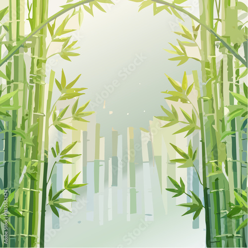 Vibrant green bamboo surrounding a serene body of water reflecting a subtle city silhouette