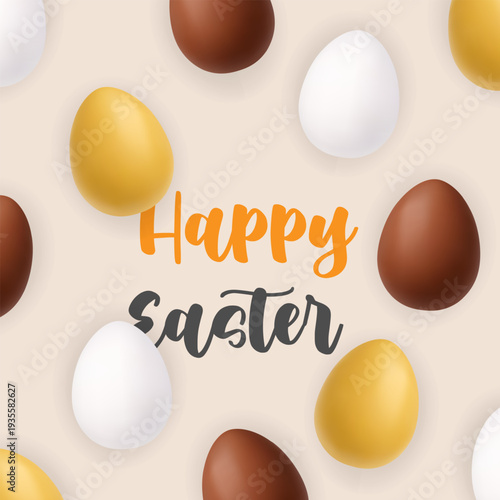 Happy Easter pattern with gold, white and chocolate eggs. 3D realistic spring holiday background