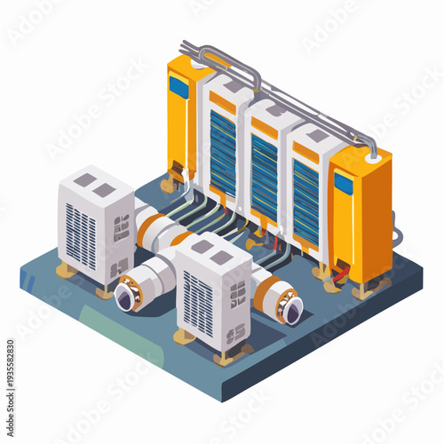Isometric illustration of a modern data center infrastructure, featuring server racks and cooling units