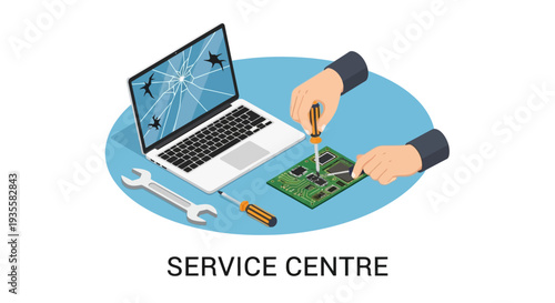 Flat illustration of hands repairing a circuit board with tools and a laptop in a service centre