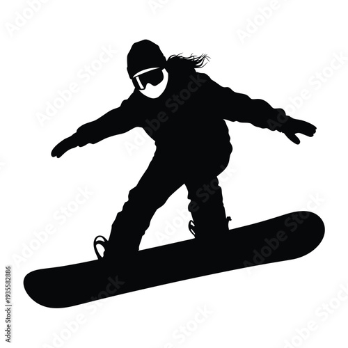 Silhouette of a snowboarder in motion against a white background