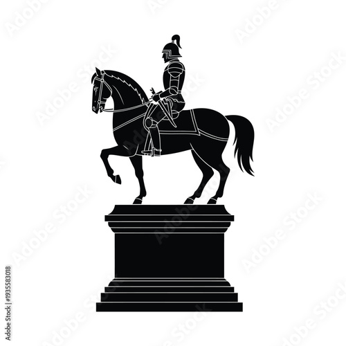 Silhouette of a knight on horseback atop a stone pedestal