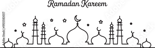 Ramadan Kareem Islamic mosque skyline with crescent moons and stars illustration