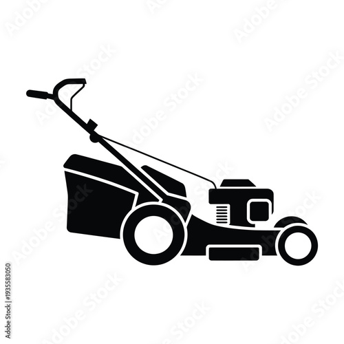 Simple black silhouette of a push lawn mower on a white background