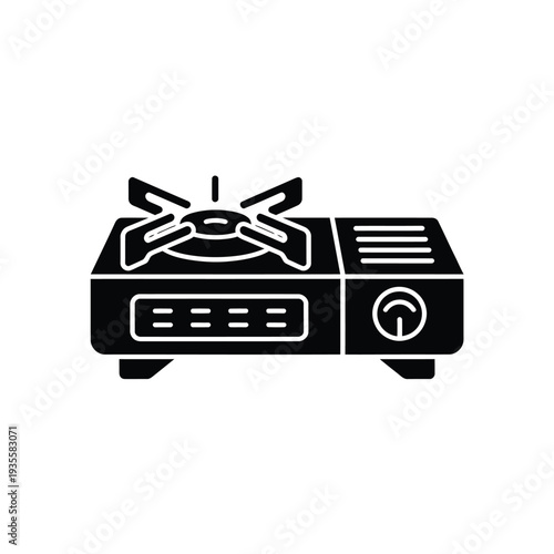 Simple black silhouette of a portable gas stove with burner and control panel