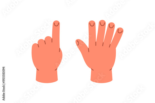 Hand showing number 6 with five fingers and one from opposite hand. Flat cartoon style for early math education