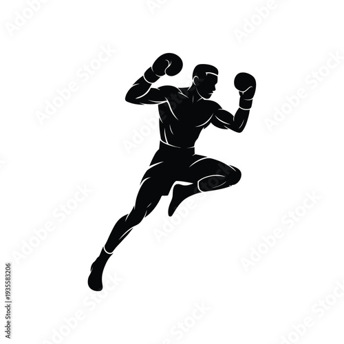 Dynamic silhouette of a boxer in mid air preparing to strike