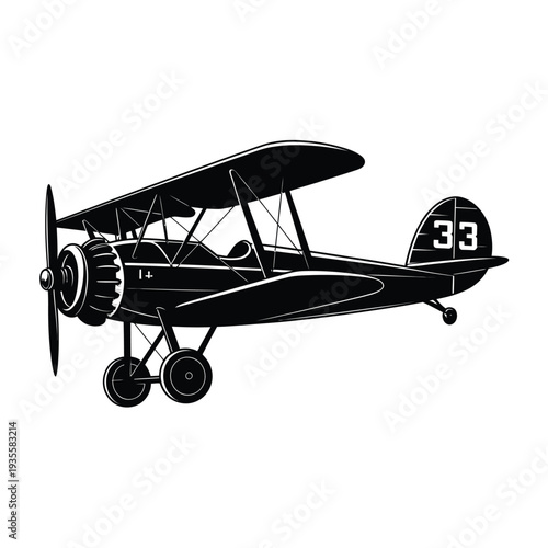 A black silhouette of a vintage biplane with number 33 visible