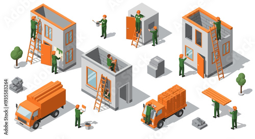Isometric illustration of construction workers building houses with trucks and equipment on a white background