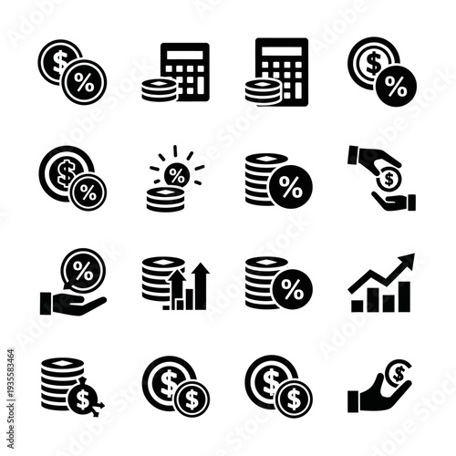 A collection of black and white financial icons depicting money, percentages, calculators, growth, and investment concepts.