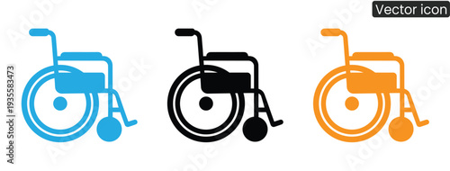 Set of wheelchair icons in blue, black, and orange, symbolizing disability and accessibility