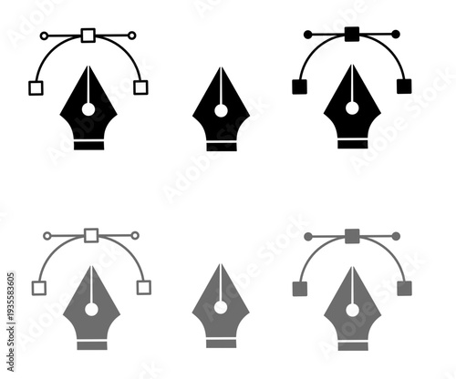 Fountain pen nib icons featuring vector path lines, anchor points, and bezier curves for digital calligraphy and graphic design