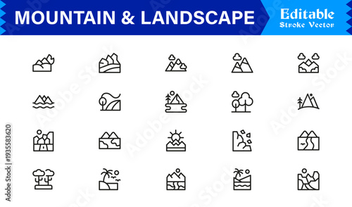 Mountain and Landscape Professional Line Icon Collection with Modern Minimal Outline Style for Designers, Creatives, and Scalable