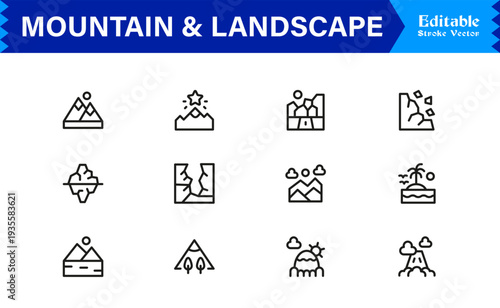 Mountain and Landscape Professional Line Icon Collection with Modern Minimal Outline Style for Designers, Creatives, and Scalable