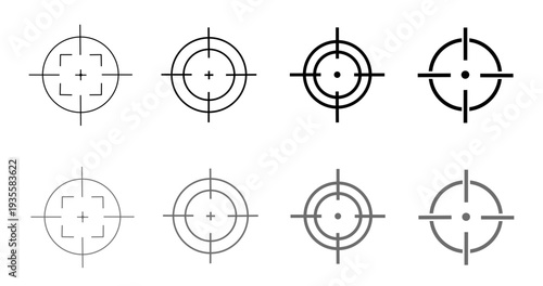 Set of target crosshair and aim reticle icons in various line weights, featuring circular sniper scope designs for military or gaming ui