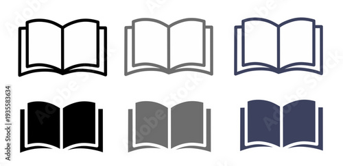 Open book icons in outline and solid styles, featuring black, grey, and navy blue colors for versatile design