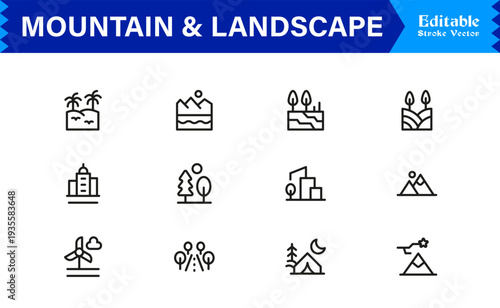 Mountain and Landscape Professional Line Icon Collection with Modern Minimal Outline Style for Designers, Creatives, and Scalable